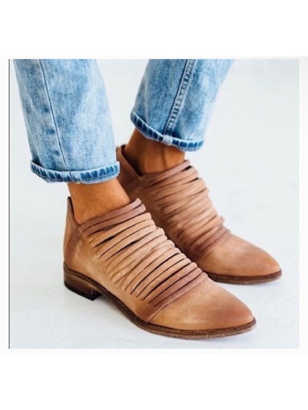 Free People Vegan Leather Tan Pointed Toe Ankle Booties With Zipper Back Detail